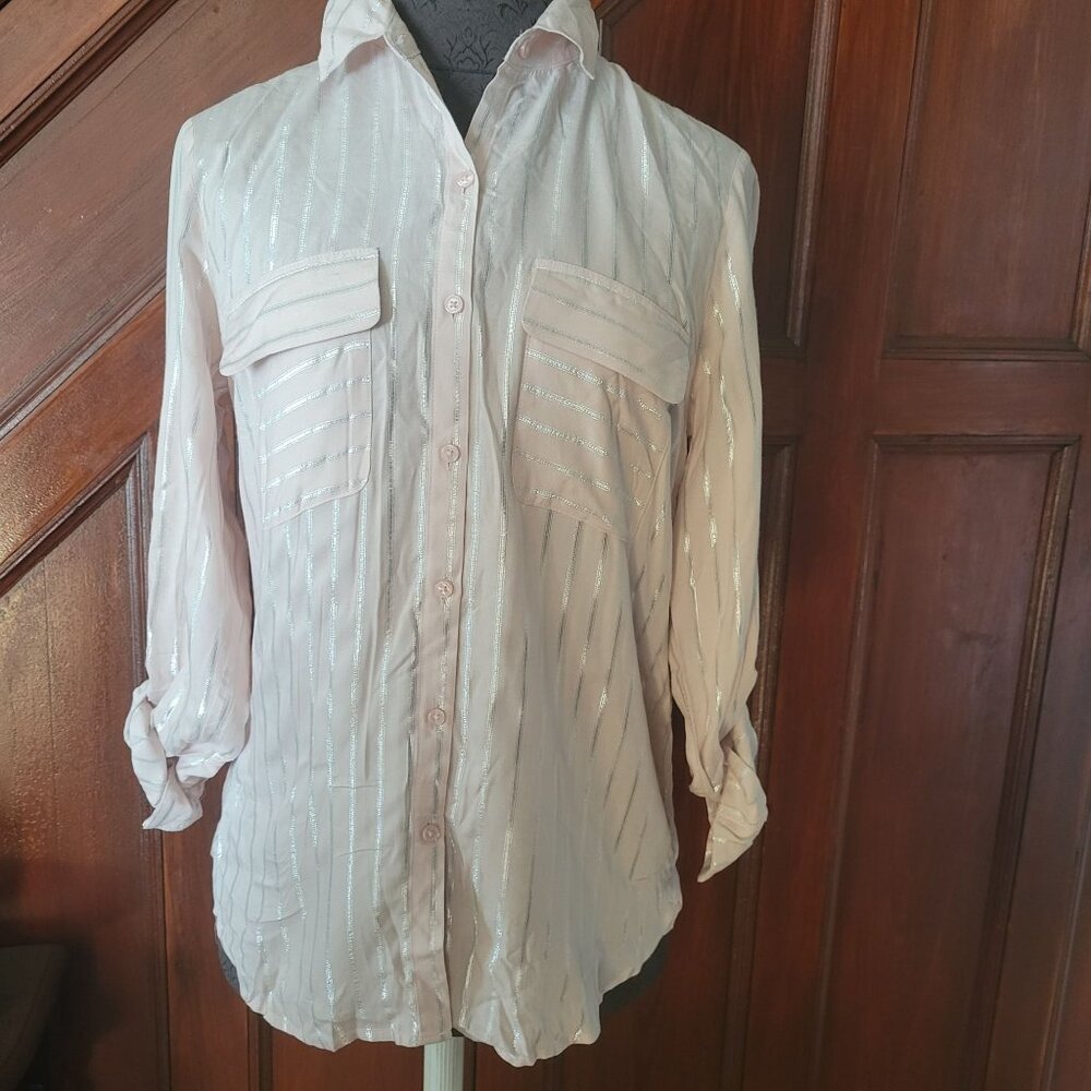 Light Pink Express Womens Button-Up Shirt W/ Silver Stripes & Roll-Tab Sleeves